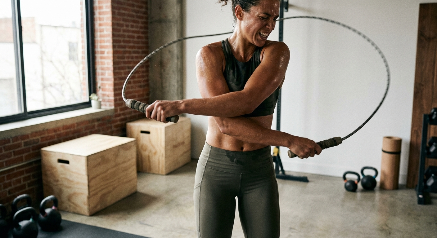 A person sweating while jumping rope in a high-intensity home gym setting