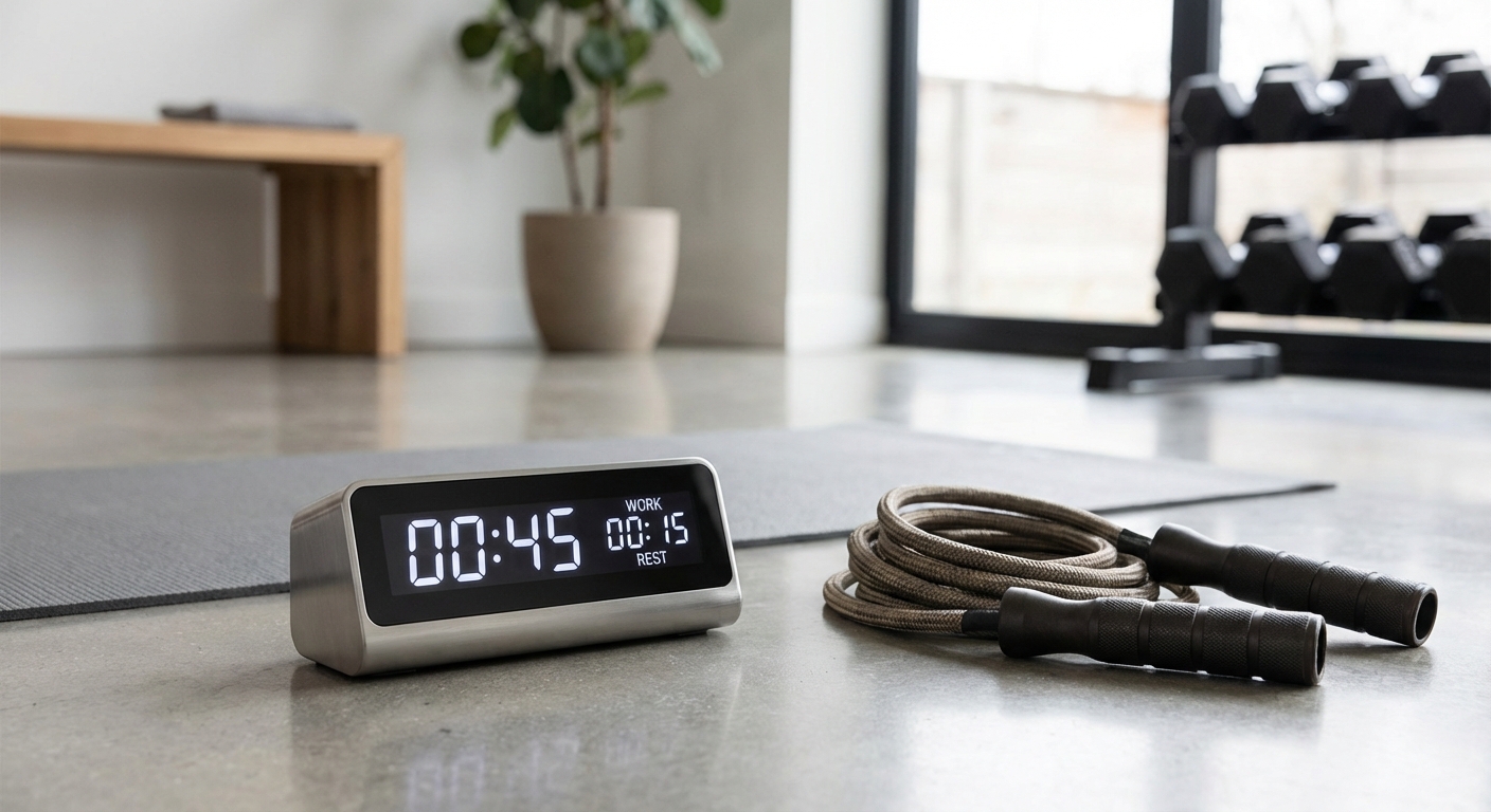 A fitness timer showing a HIIT interval next to a coiled weighted jump rope