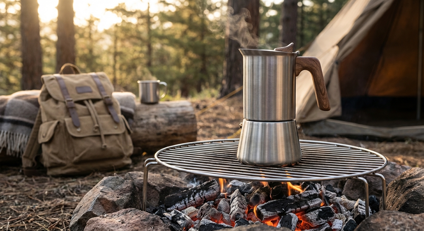 A Moka pot sitting safely on a metal grate over a low-burning campfire with glowing coals.