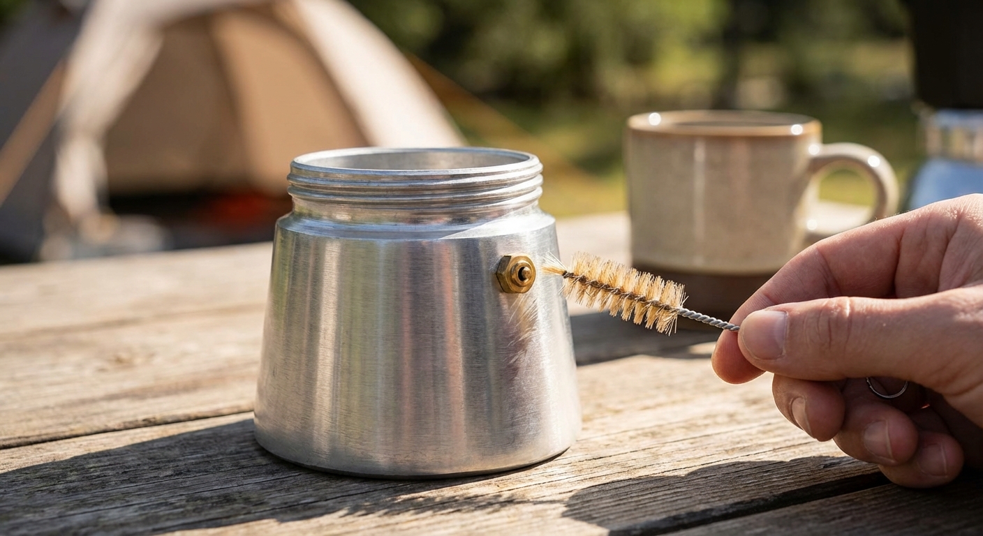 A close-up of a Moka pot safety valve to show where to clean and inspect it.