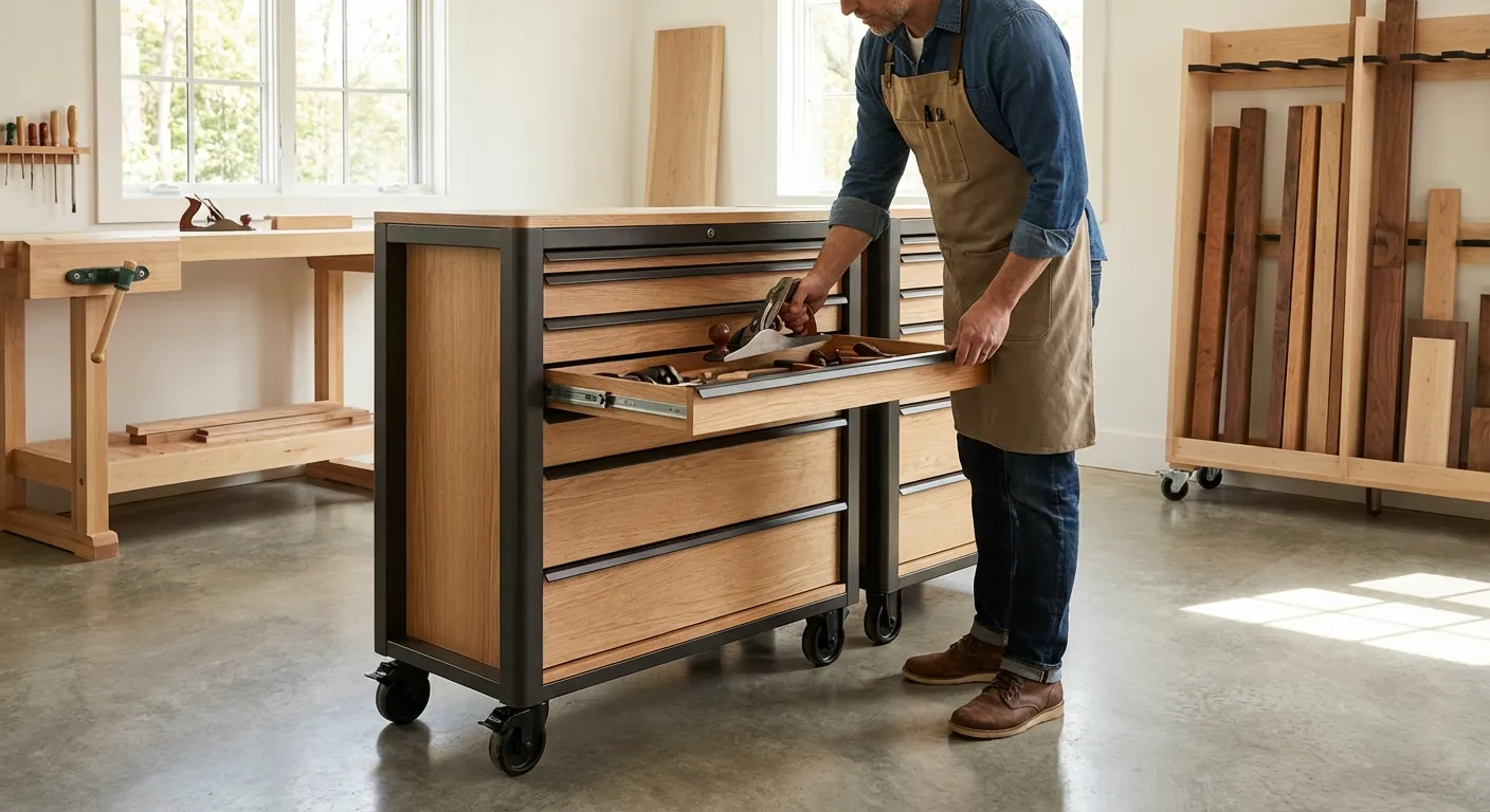 A clean, well-organized woodworking shop with mobile tool cabinets