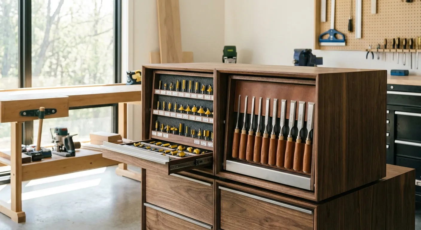 A close-up of a modular cabinet with specialized drawers for router bits and chisels