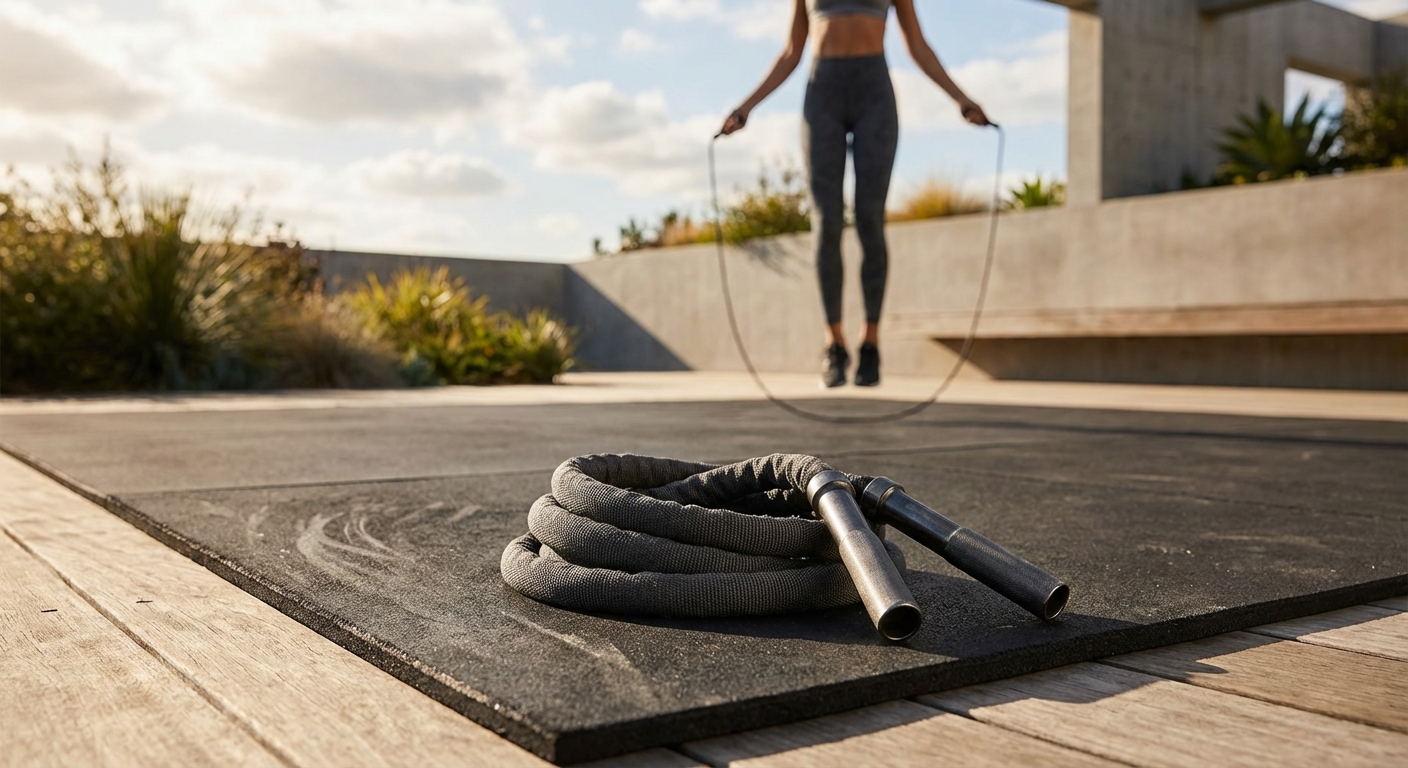 A heavy jump rope resting on a professional rubber gym mat outdoors.