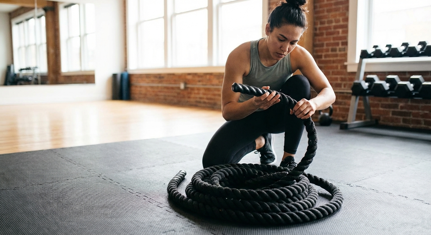 A person inspecting a heavy jump rope cable for wear and tear on a gym mat
