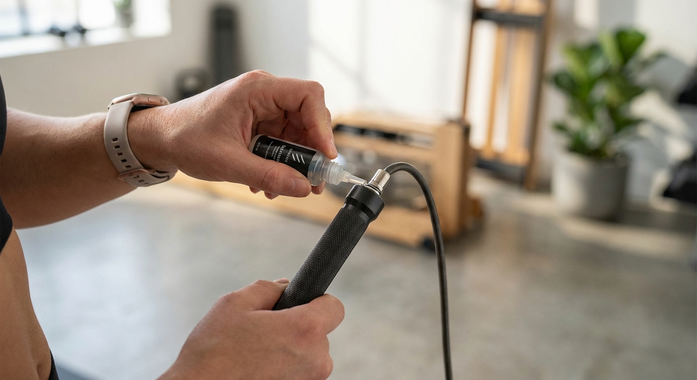 Close up of a person applying lubricant to the swivel bearing of a jump rope handle