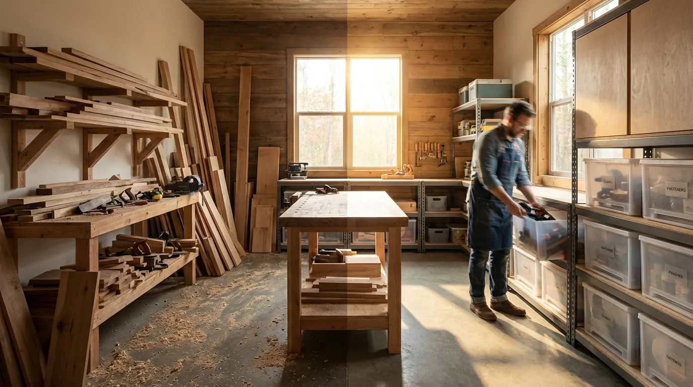 A wide shot of a cluttered woodworking shop transitioning into a clean, organized space with clear floor paths and labeled bins.