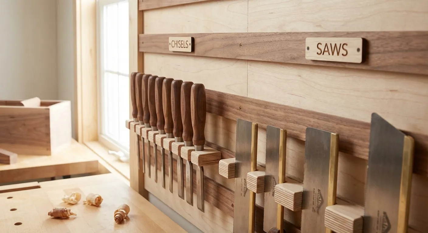A close-up of a well-organized tool wall using a French cleat system with clearly labeled holders for chisels and saws.