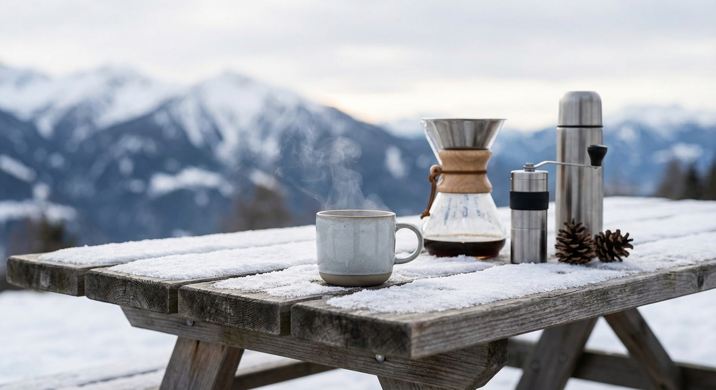 A steaming cup of coffee sitting on a snow-covered wooden picnic table with mountains in the background