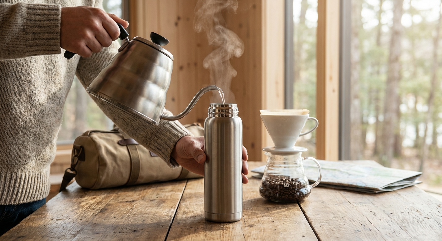 A person pouring steaming water from a kettle into a stainless steel thermos to pre-heat it
