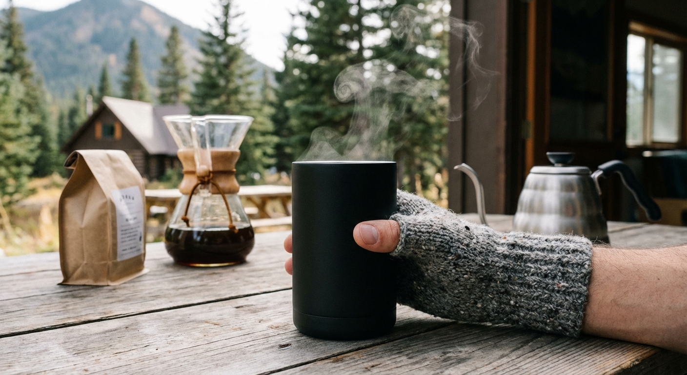 A close-up of a hand in a fingerless wool glove holding a matte black insulated mug with steam rising