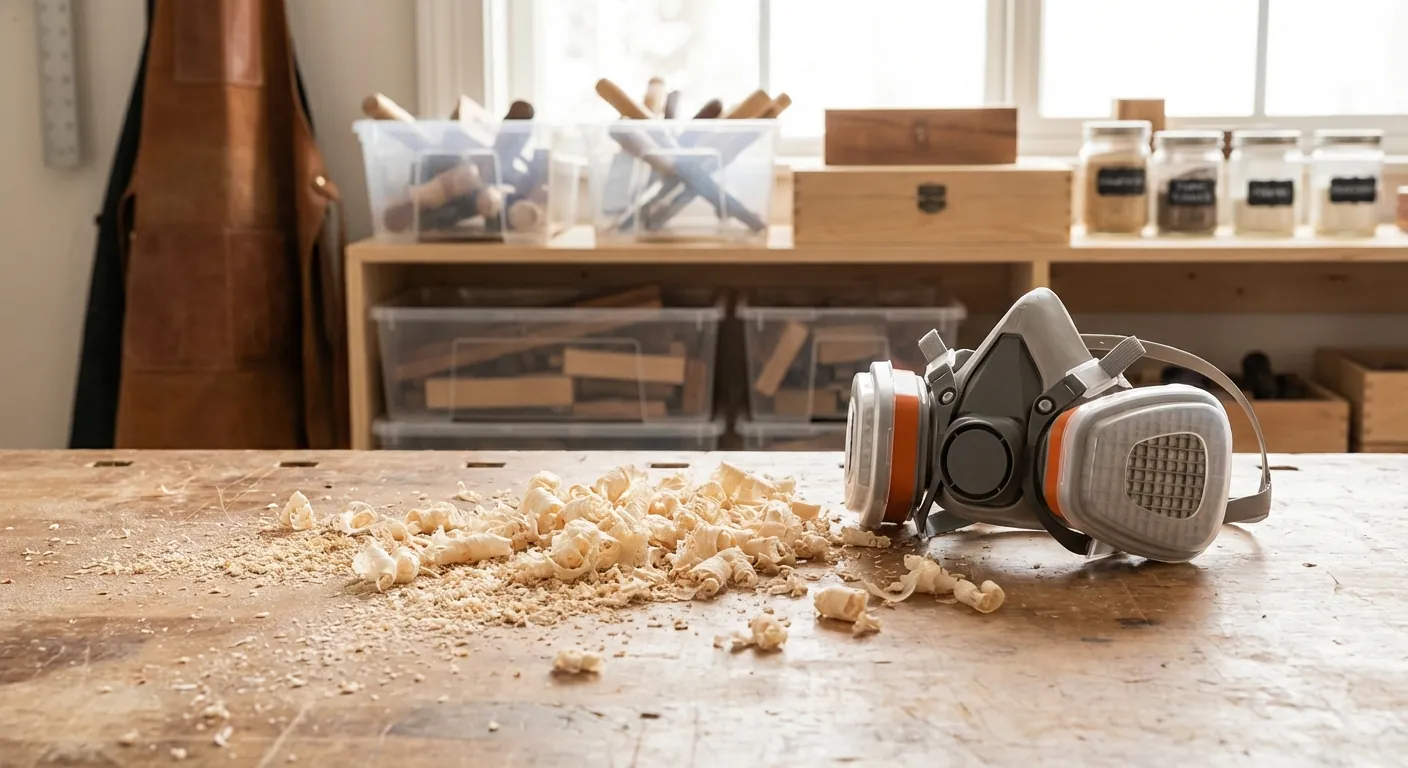 Close-up of fine sawdust on a workbench with a respirator nearby