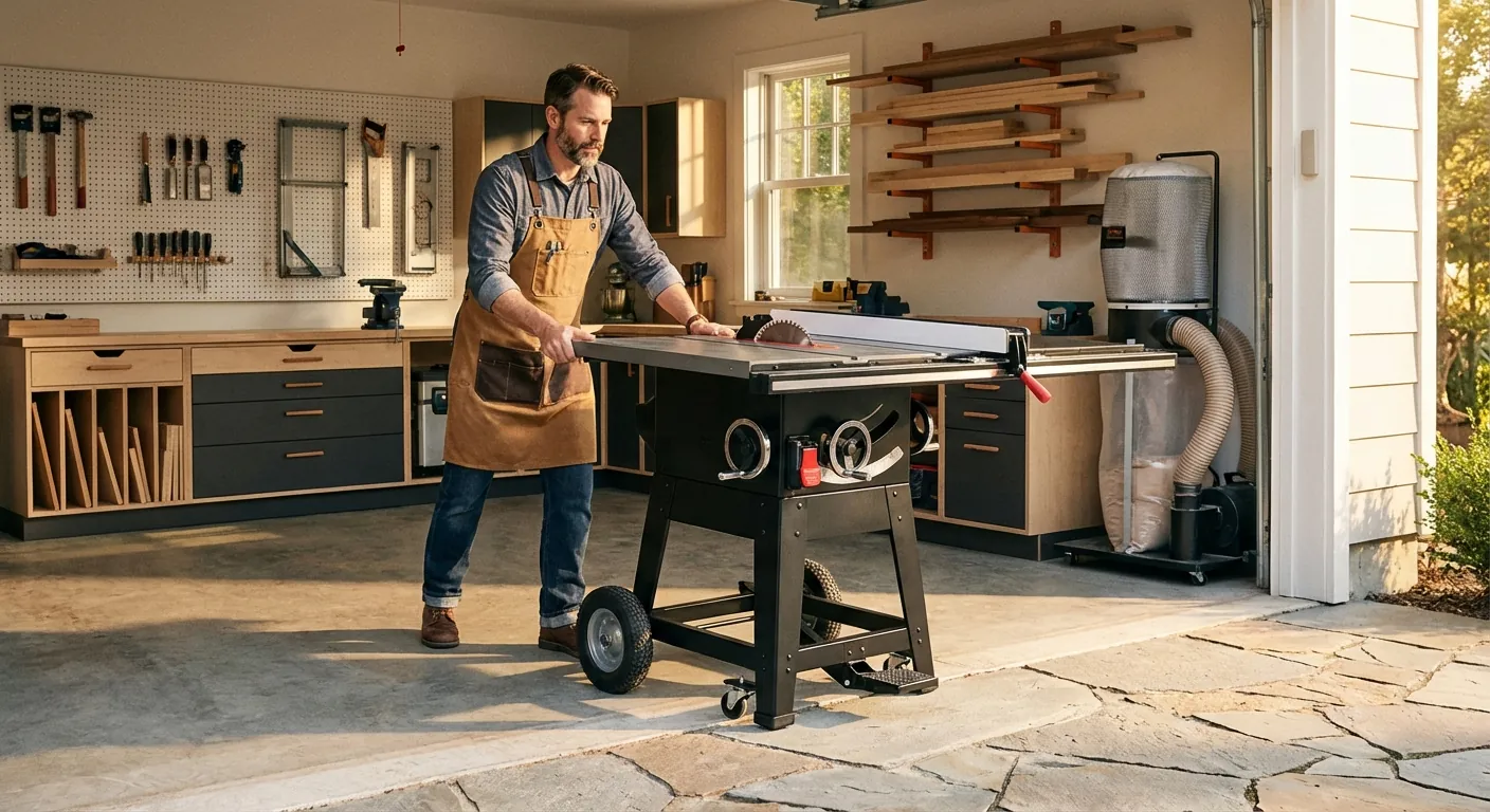 Woodworker using a mobile tool base to move a table saw outside