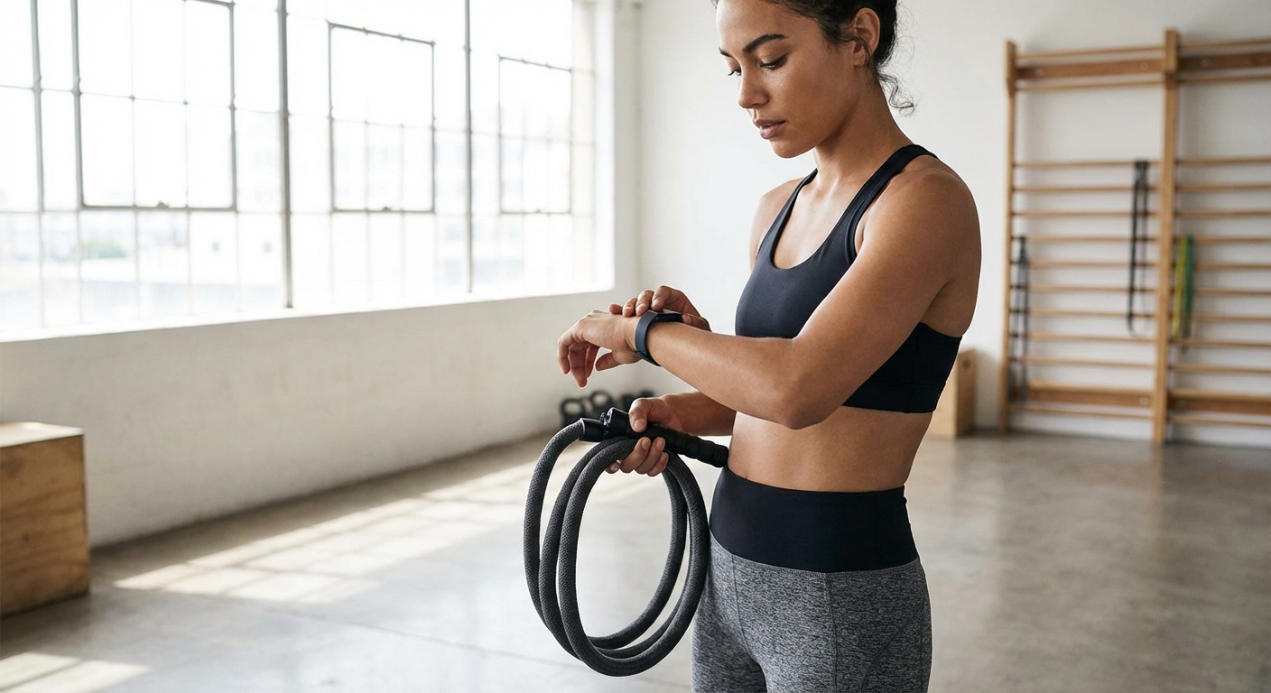 A person looking at a fitness tracker on their wrist while holding a weighted jump rope in a modern gym setting.