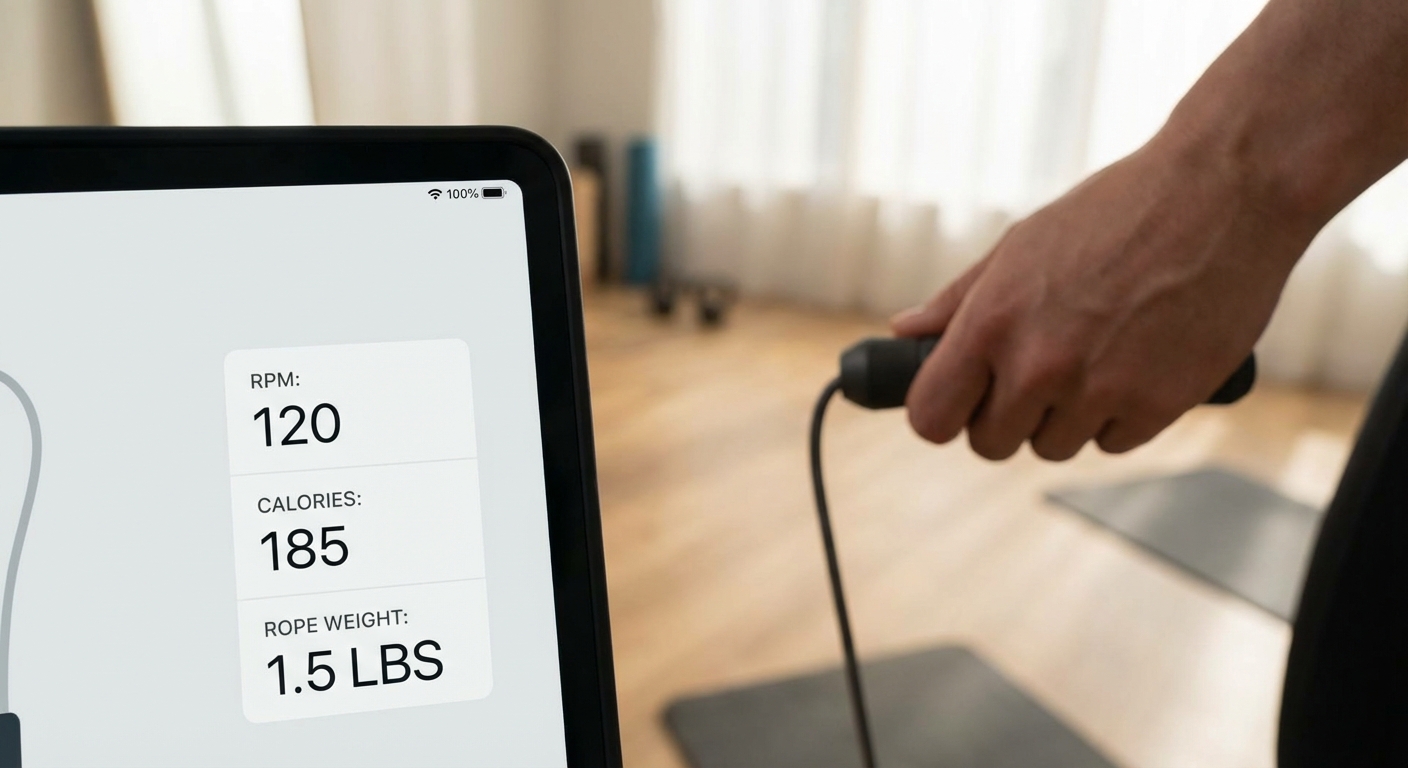 A close-up of a digital spreadsheet or app interface showing jump rope metrics like RPM, Calories, and Rope Weight.