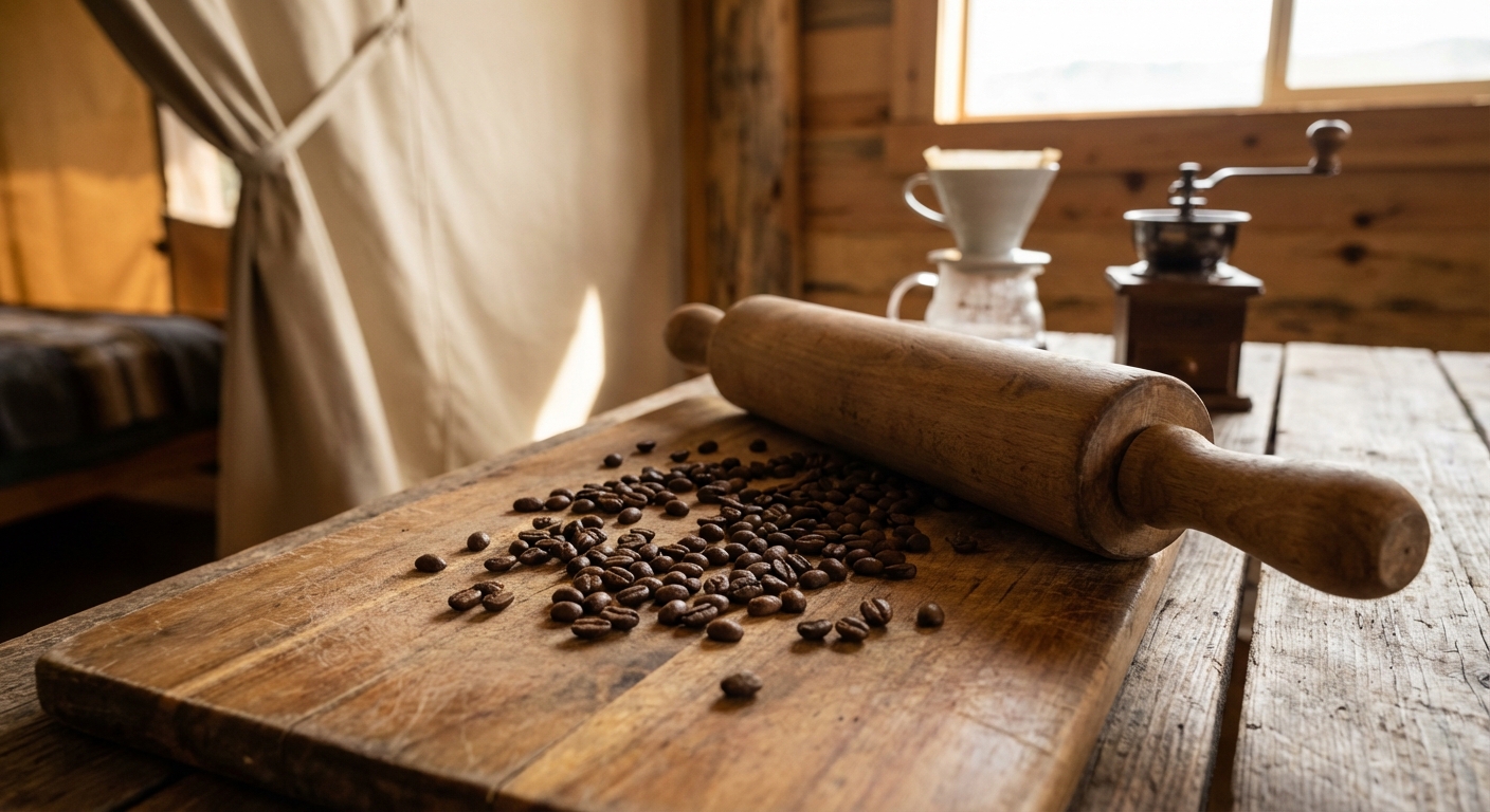 A close-up of whole coffee beans scattered on a wooden cutting board next to a heavy rolling pin.