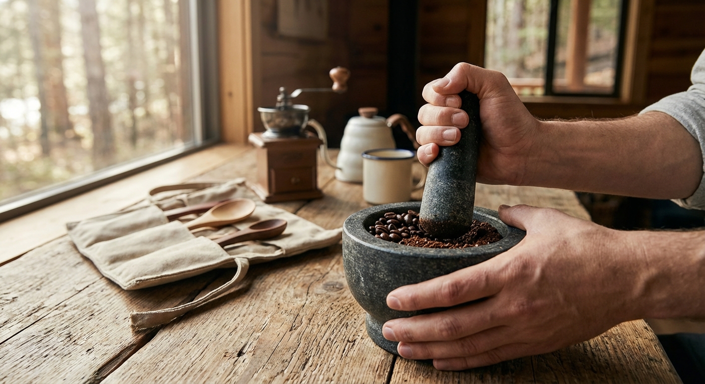 Hands using a stone mortar and pestle to grind dark roasted coffee beans on a rustic table.