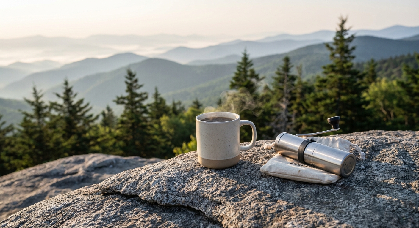 A steaming cup of coffee sitting on a rock overlooking a mountain range, with a manual grinder resting nearby.
