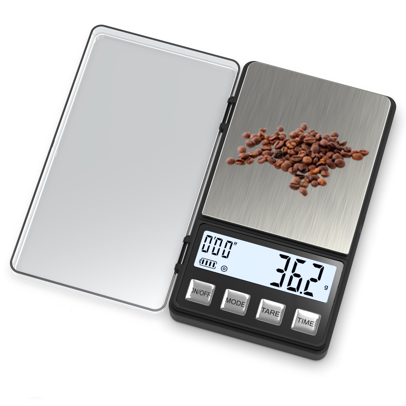Weightman Espresso Scale with Timer 1000g x 0.1g Small & Thin Travel Coffee Scale, Mini Digital Scale Grams and Ounces with Large Backlit LCD Stainless Steel Pocket Food Scale Drip Tray Pulling Scale Black