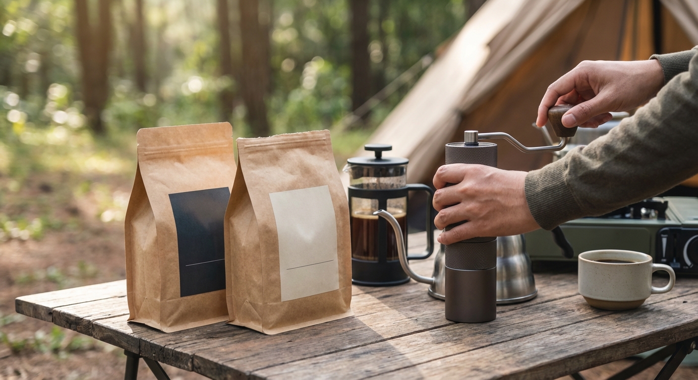 comparison of coffee bags on a wooden camp table