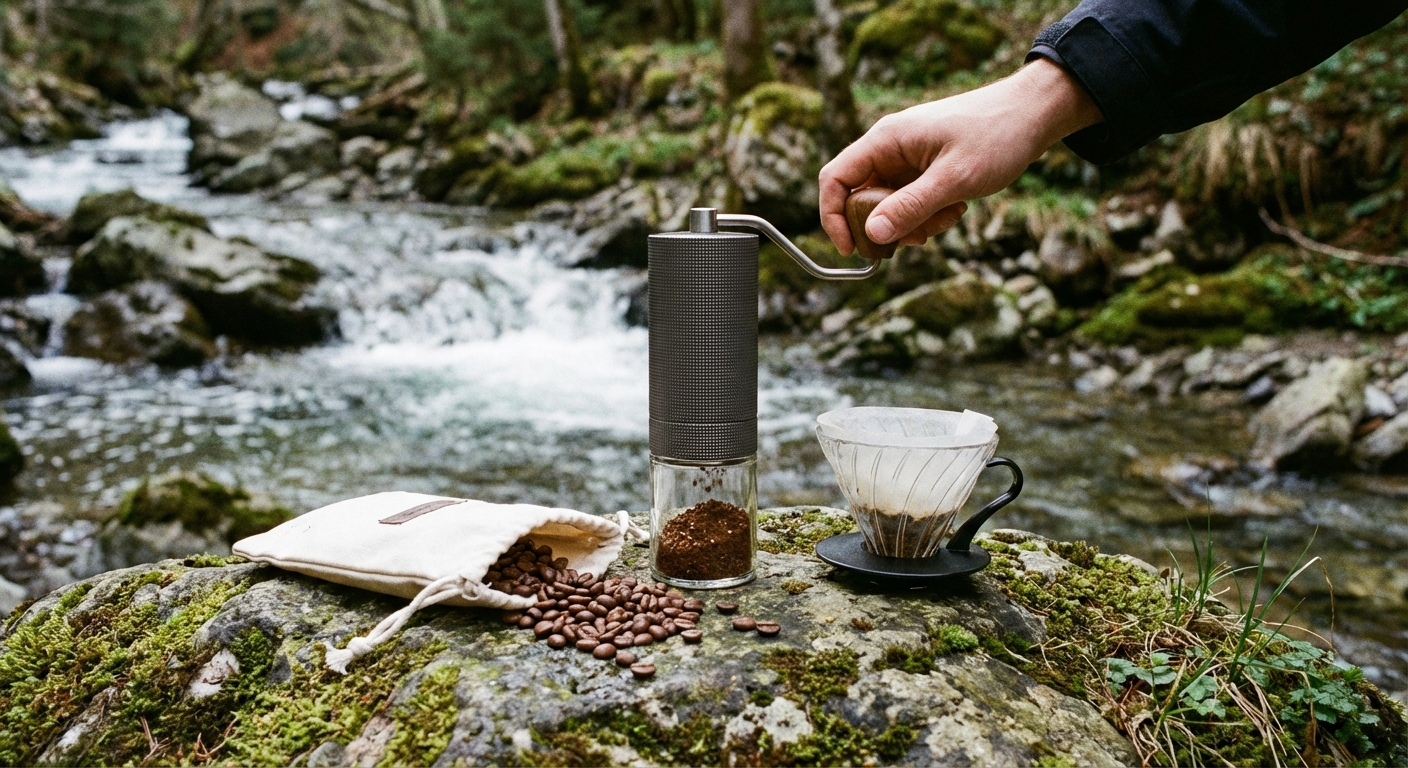 manual grinder and coffee beans on a rock by a stream
