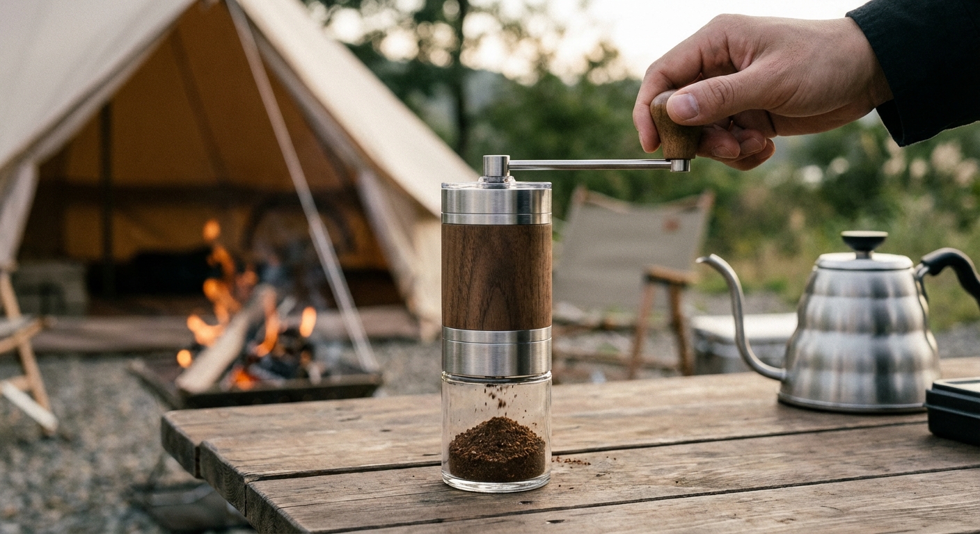 close up of coffee beans in a hand grinder