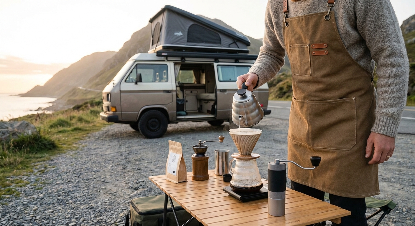person pouring water into a pour over dripper in front of a van