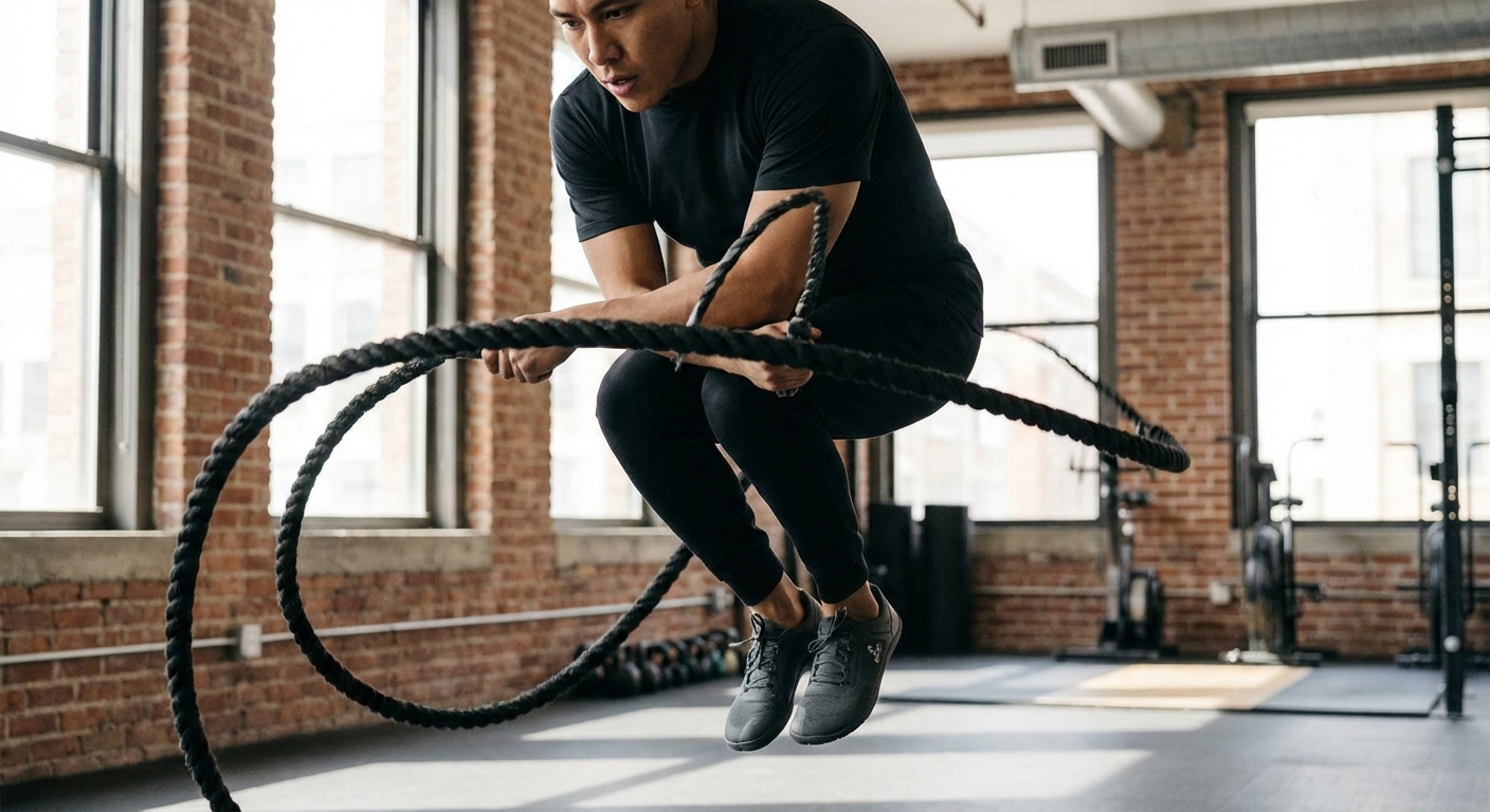 A person jumping with a heavy weighted rope wearing minimalist cross-training shoes