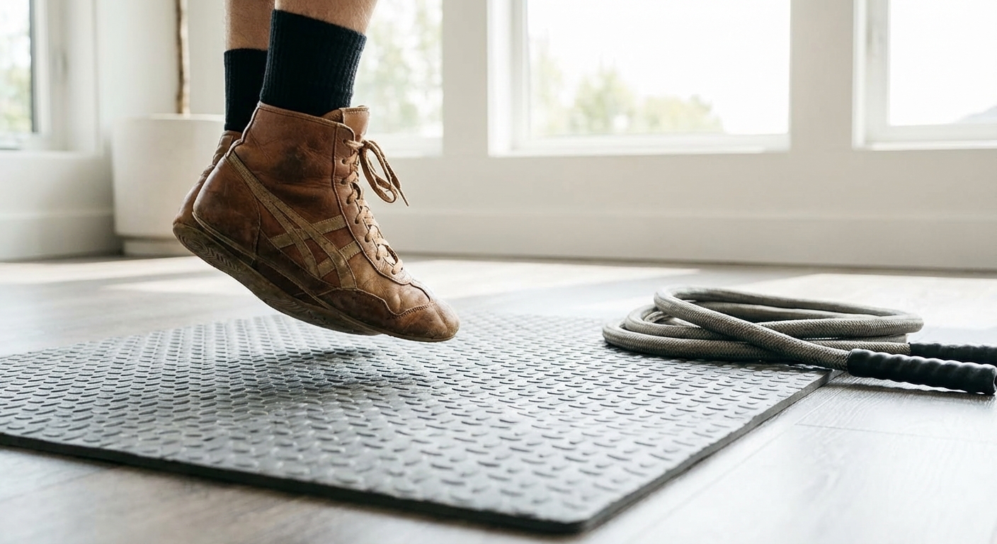A close up of a person's feet in wrestling shoes landing on a jump rope mat