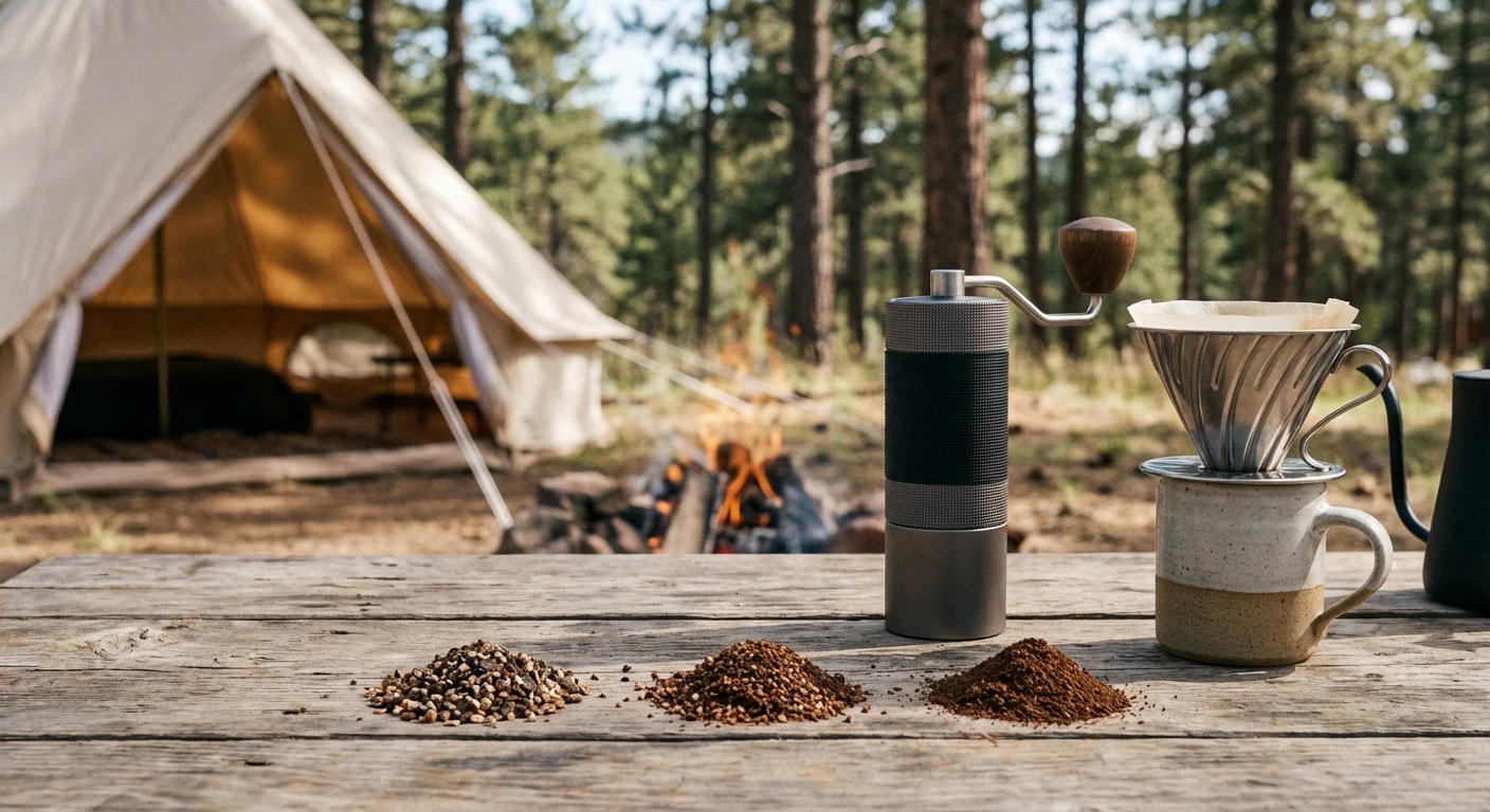 A close-up of various coffee grind sizes arranged on a wooden table in a rustic camping setting