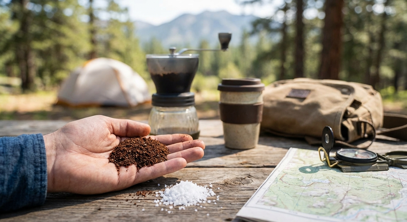 A hand holding a small amount of coffee grounds, comparing the texture to a pile of salt nearby