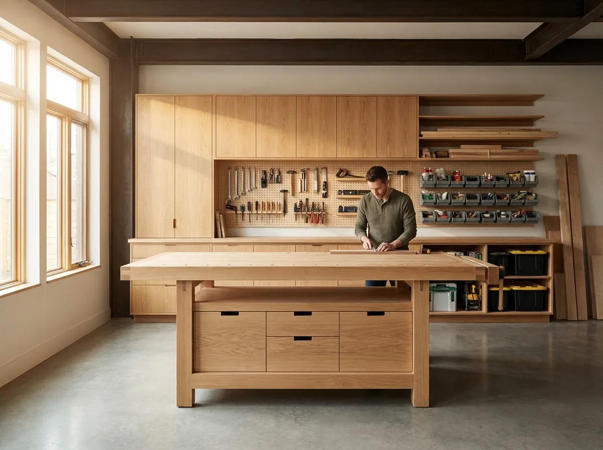 A wide-angle shot of a clean, organized 10x10 woodworking shop showing a central workbench and wall storage.