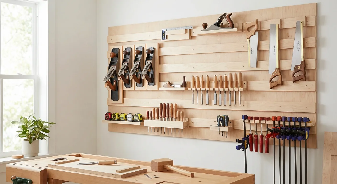 A wall covered in a French cleat system with various woodworking tools neatly organized on custom holders.