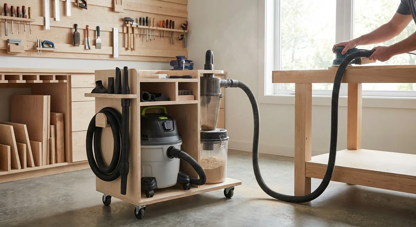 A compact shop vacuum connected to a cyclone separator on a mobile DIY cart.