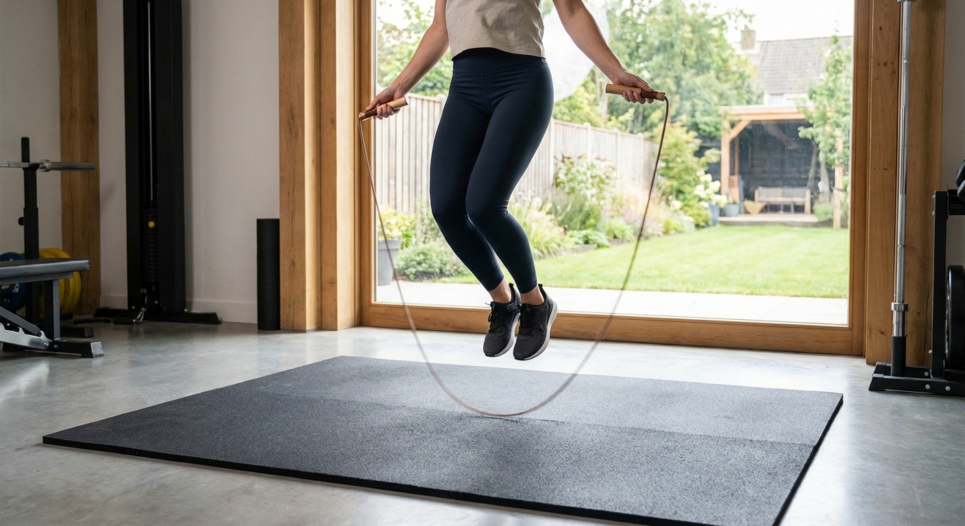 A person jumping rope on a rubber mat in a home gym, focusing on low-impact form.