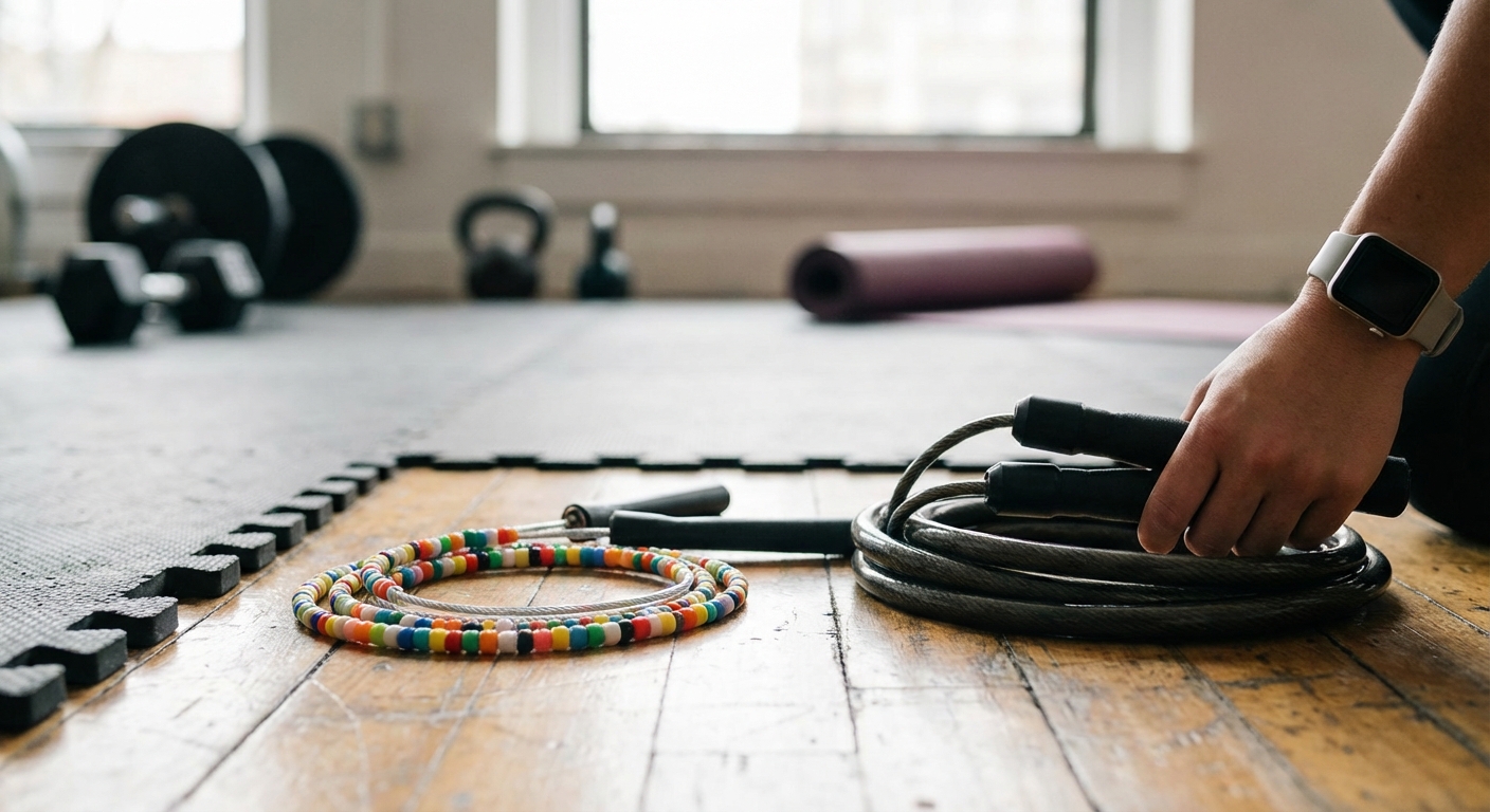 Close-up of different jump rope cables, including a beaded one and a thick weighted one, on a gym floor.