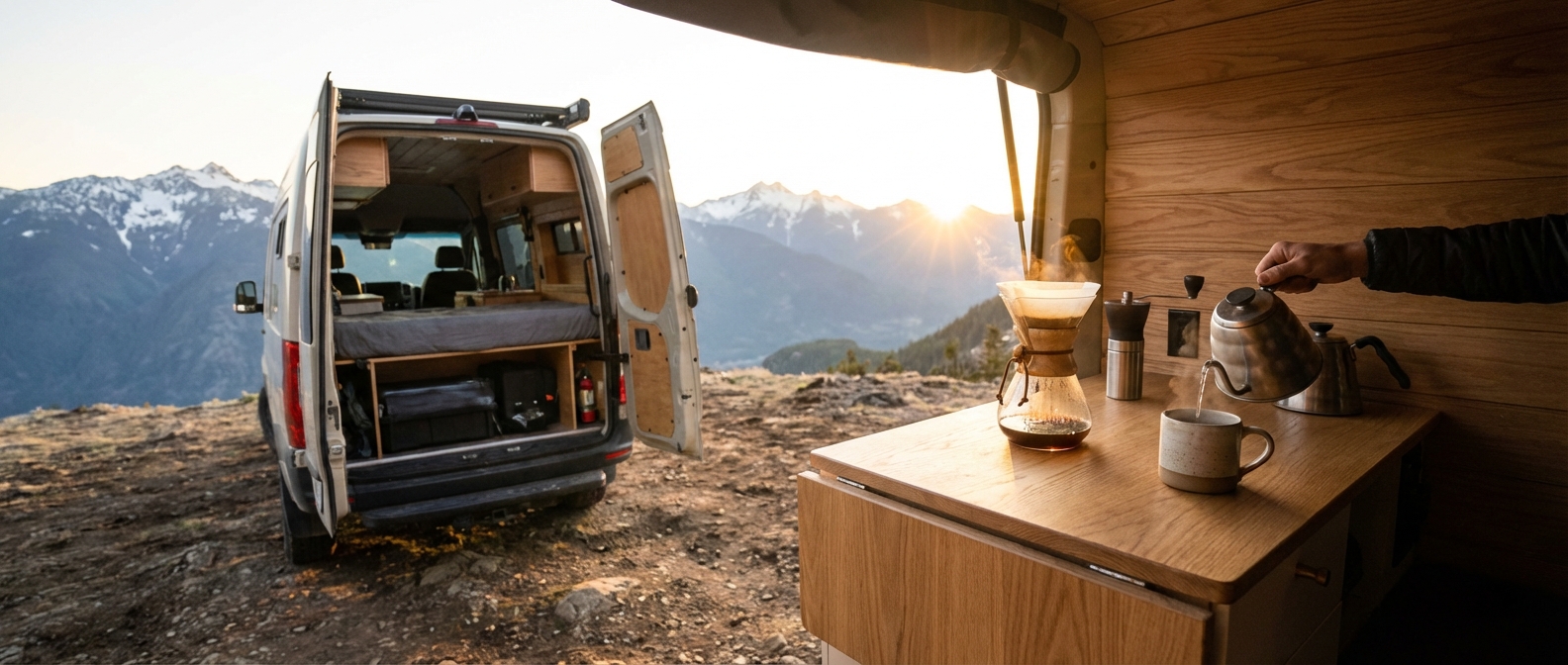 A panoramic shot of a van with its back doors open, revealing a small wooden kitchenette and a steaming cup of coffee overlooking a mountain range.