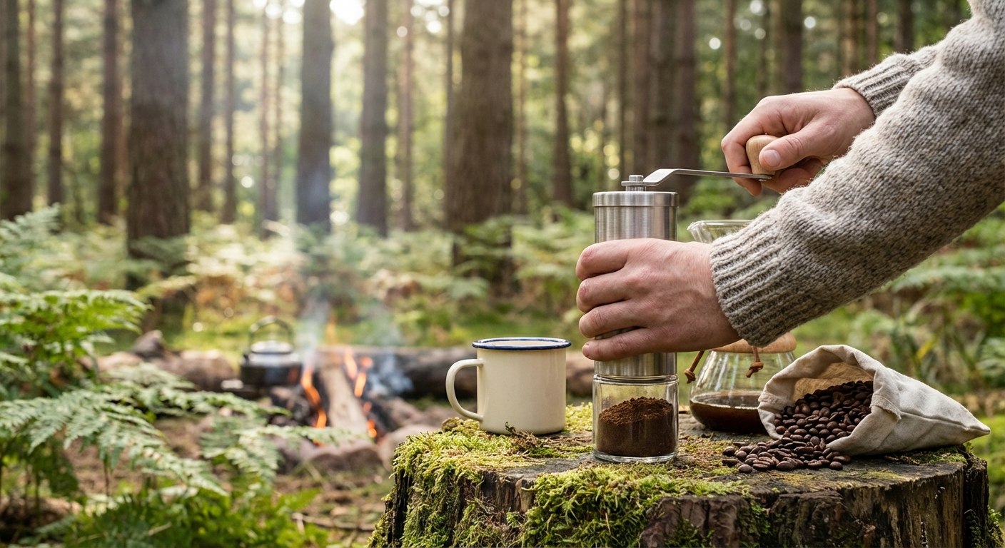 A close-up of a hand-grinding coffee beans using a stainless steel manual grinder with a forest background.