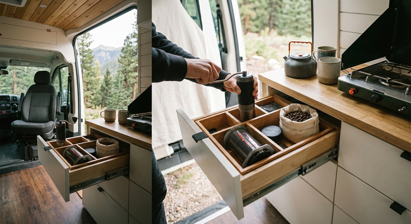 A compact coffee station organized inside a van drawer, featuring a folded AeroPress, a small bag of beans, and a hand grinder.