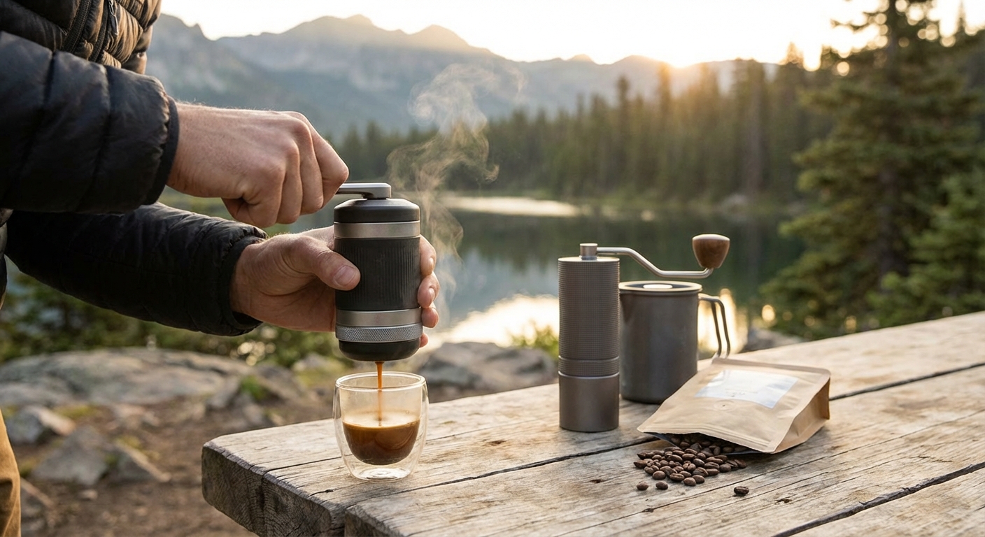 pulling a shot with the Picopresso in a scenic location