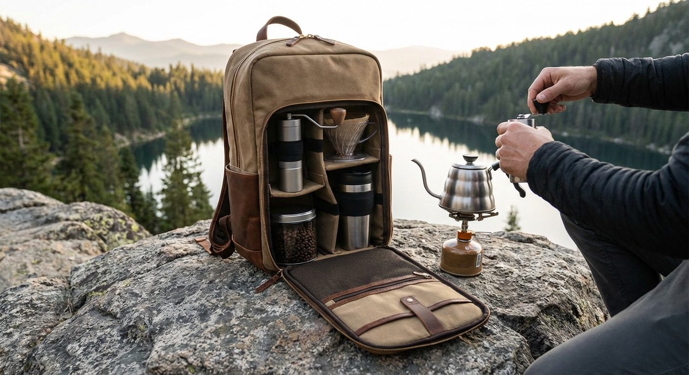 a nomad's coffee kit organized in a backpack