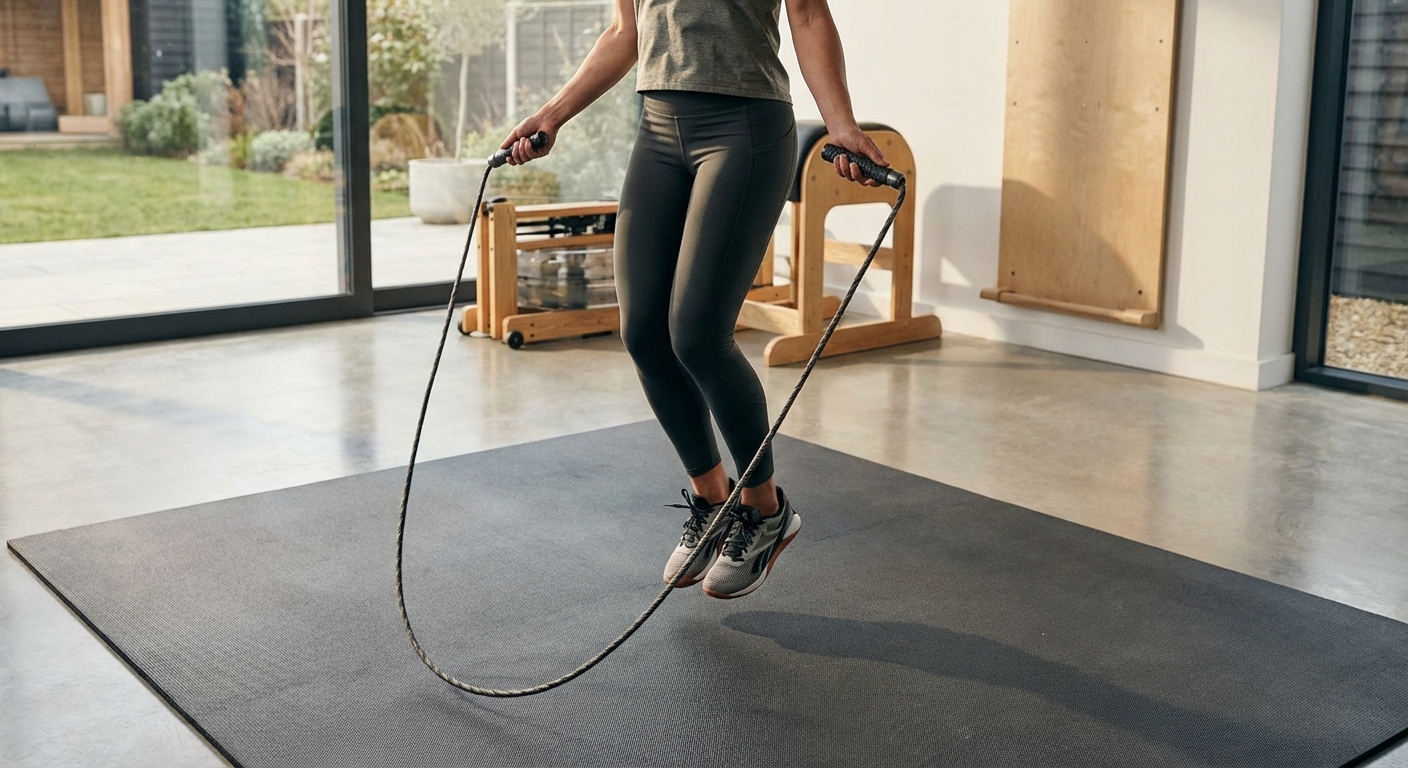 A person jumping rope on a rubber gym mat, showing proper form and footwear.