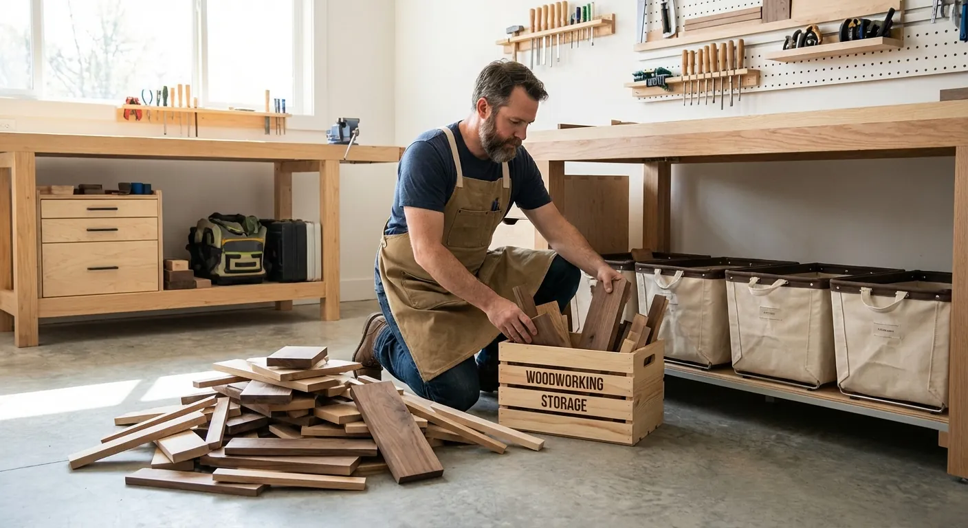 A woodworker sorting through a pile of hardwood offcuts near a workbench