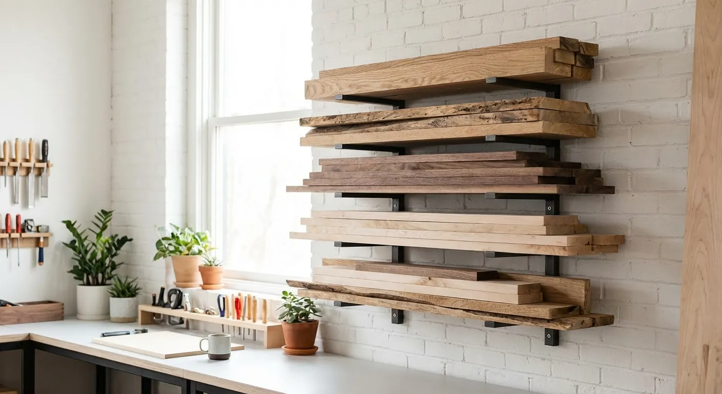 A wall-mounted lumber rack filled with various species of wood in a bright workshop