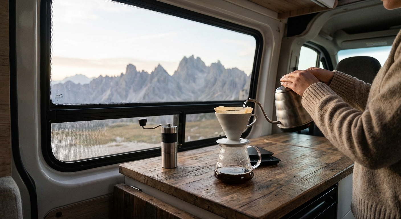 A minimalist coffee setup on a wooden van countertop with a view of mountains through the window