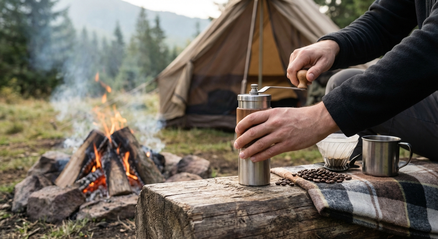 A hand-cranked coffee grinder being used next to a campfire