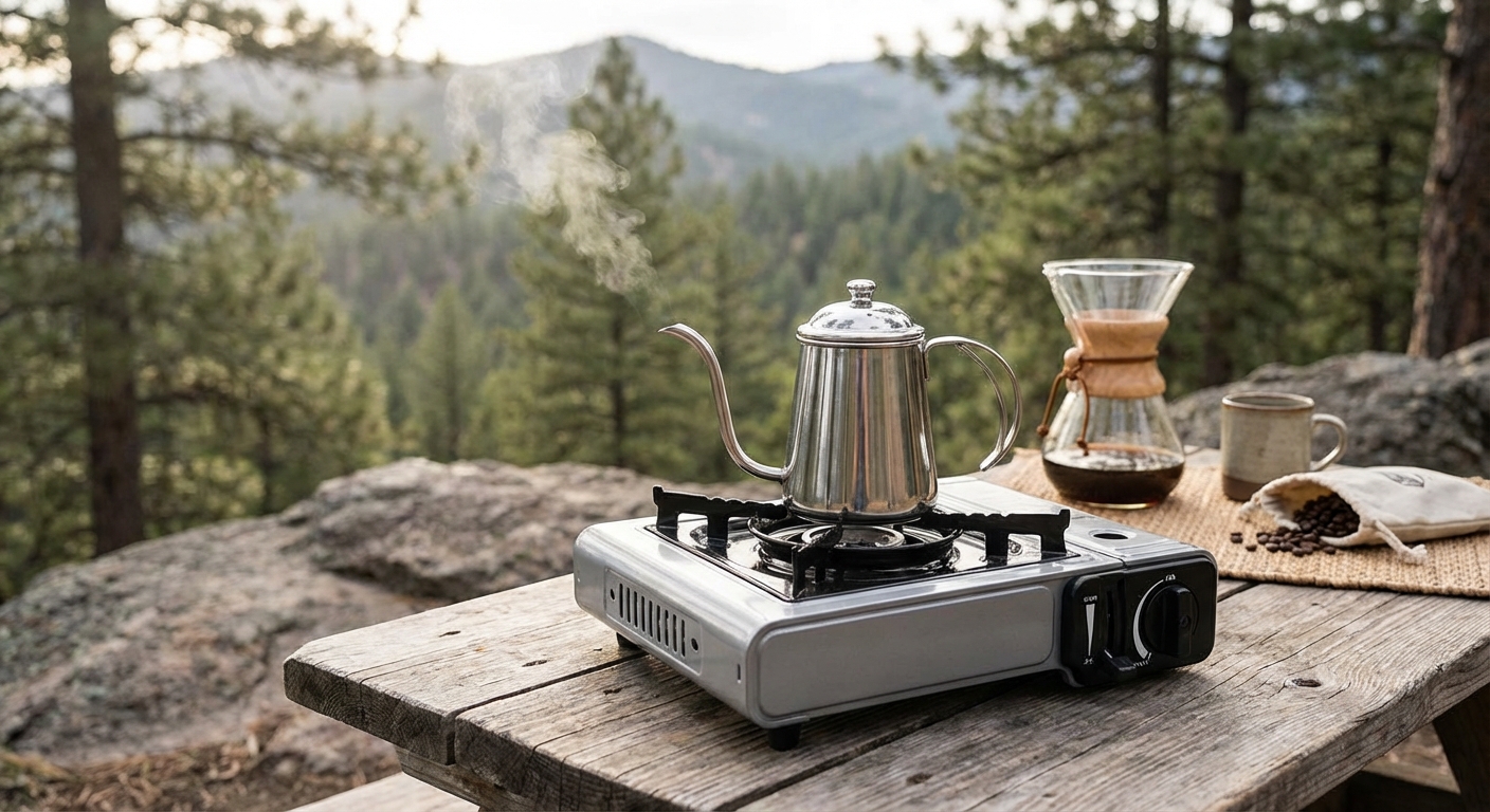 A butane camping stove with a small stainless steel kettle boiling water