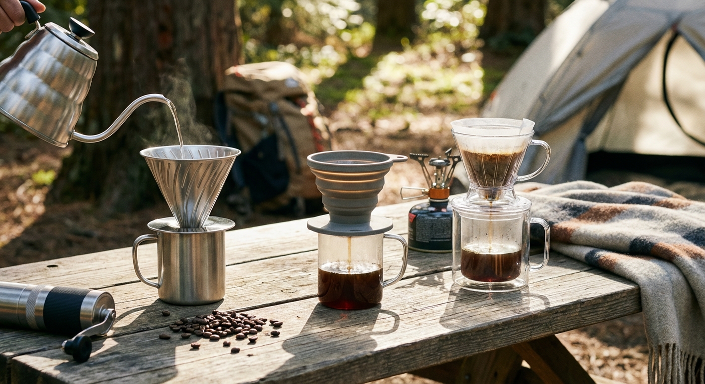 A comparison of three different travel drippers sitting on a picnic table