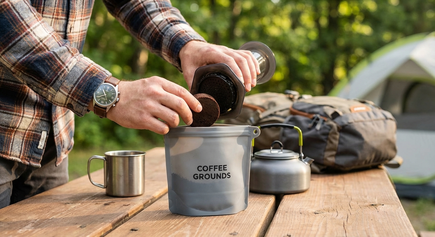 A person putting a coffee puck from an AeroPress into a reusable silicone bag at a campsite