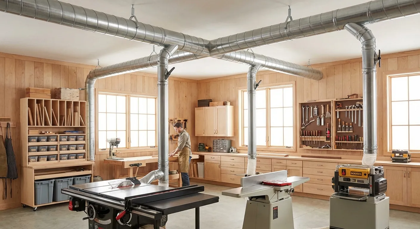A clean woodworking workshop with a clear view of overhead 6-inch PVC or metal ducting connected to various stationary tools.