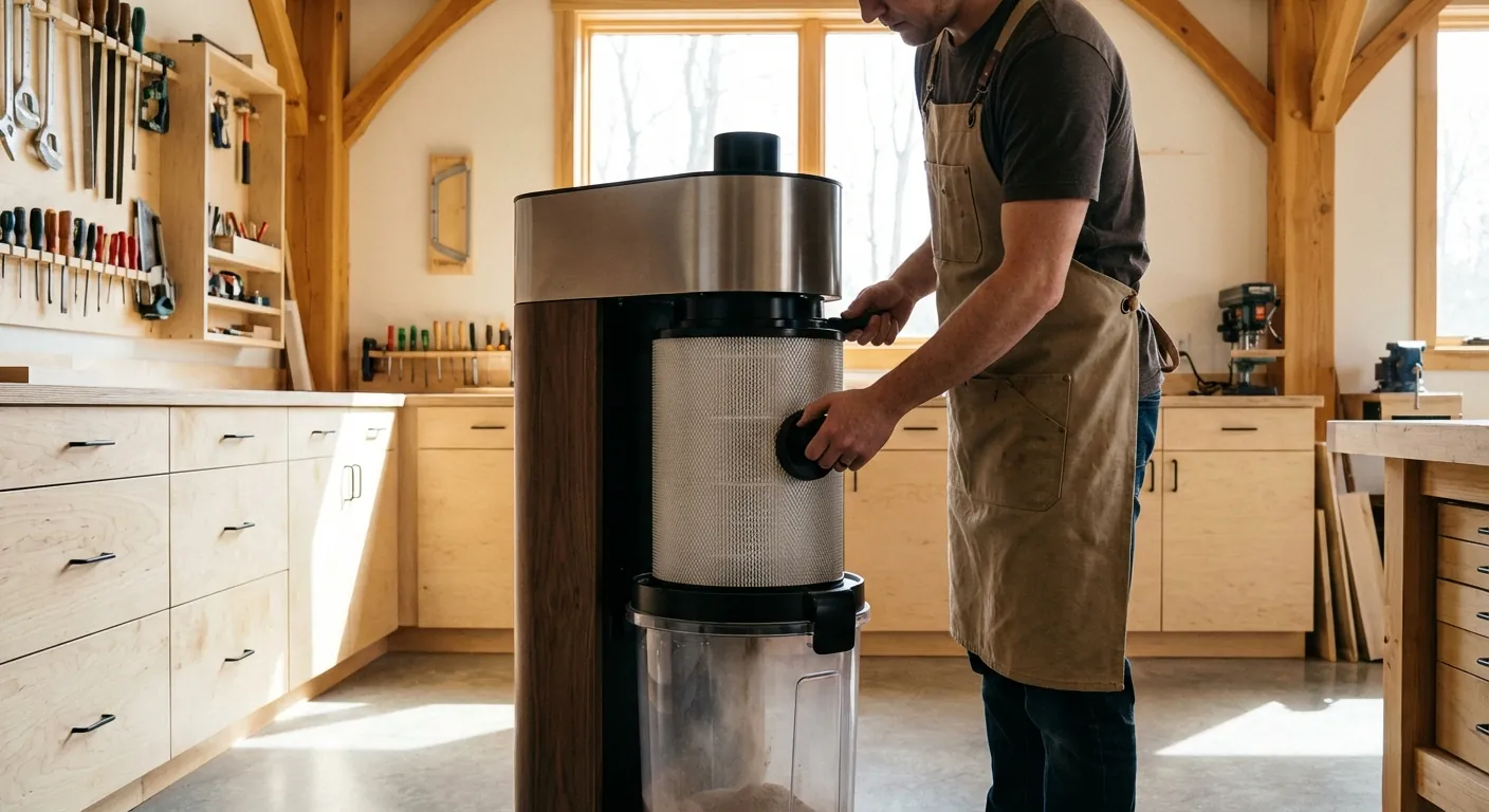 A woodworker using a built-in handle to clean a canister filter on a cyclone dust collector.
